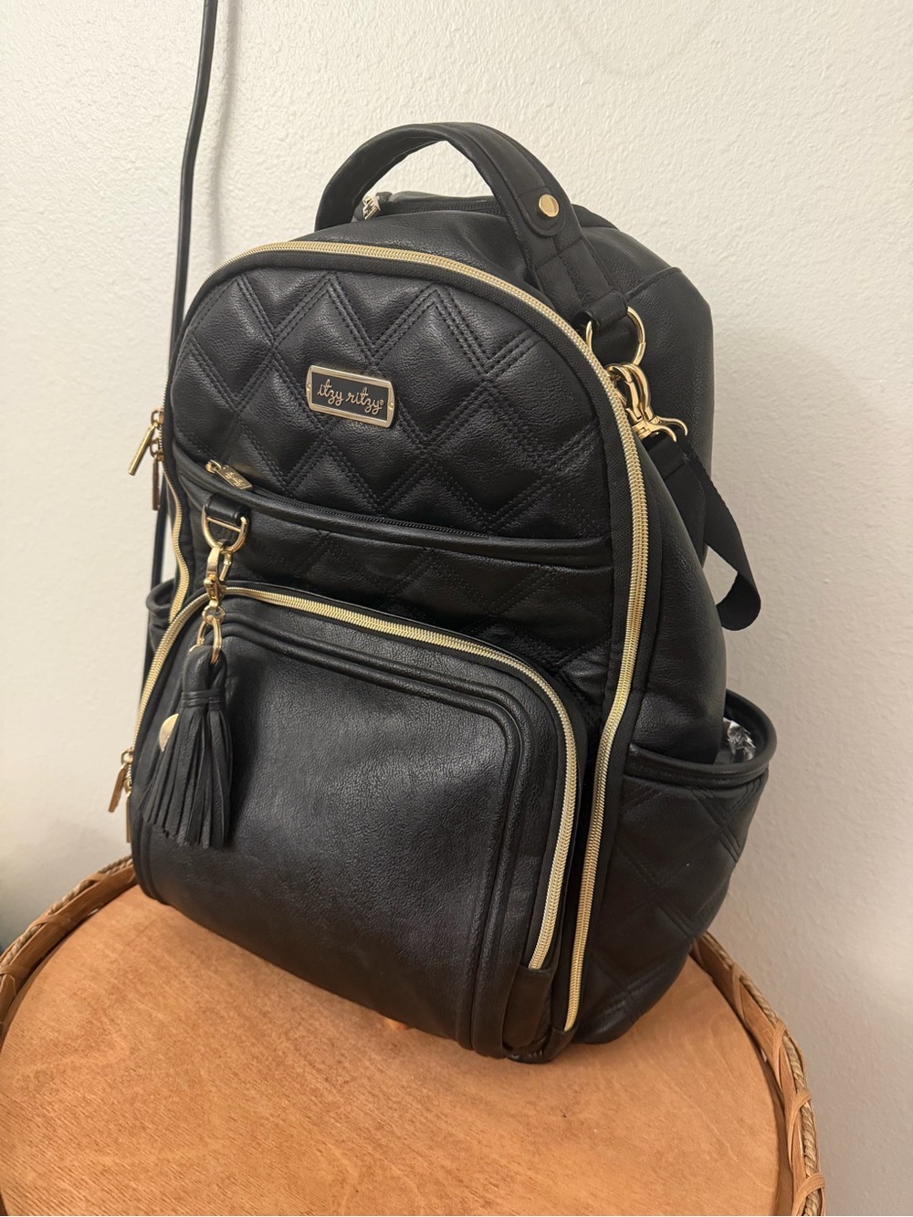 Itzy Ritzy Black Quilted Backpack with Gold Hardware